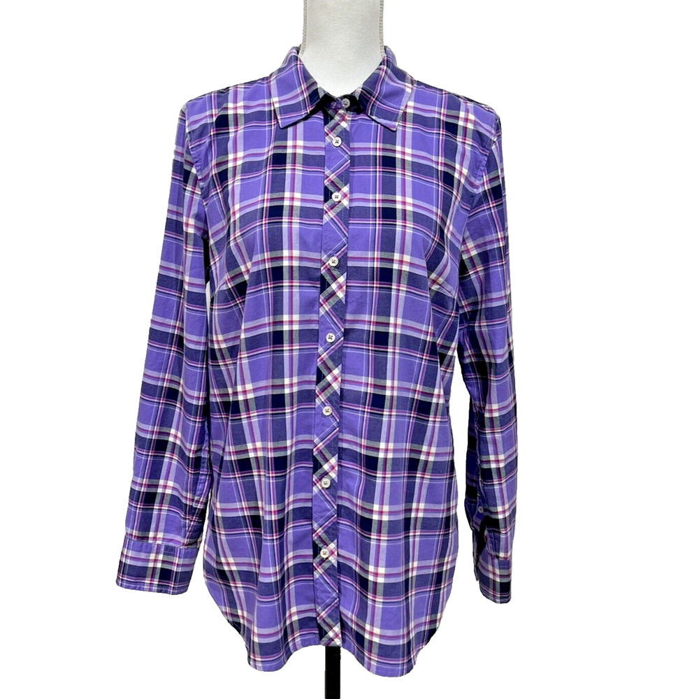 Women's Talbots Collared Purple White Pink Plaid Long Sleeve‎ Button Up Shirt L
